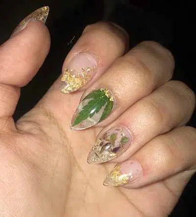 green & gold long tappered square 420 chrome nails