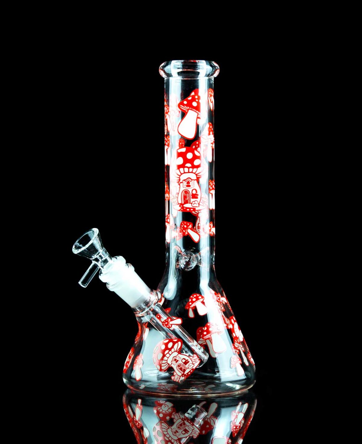 glow in the dark musroom bong with red houses print