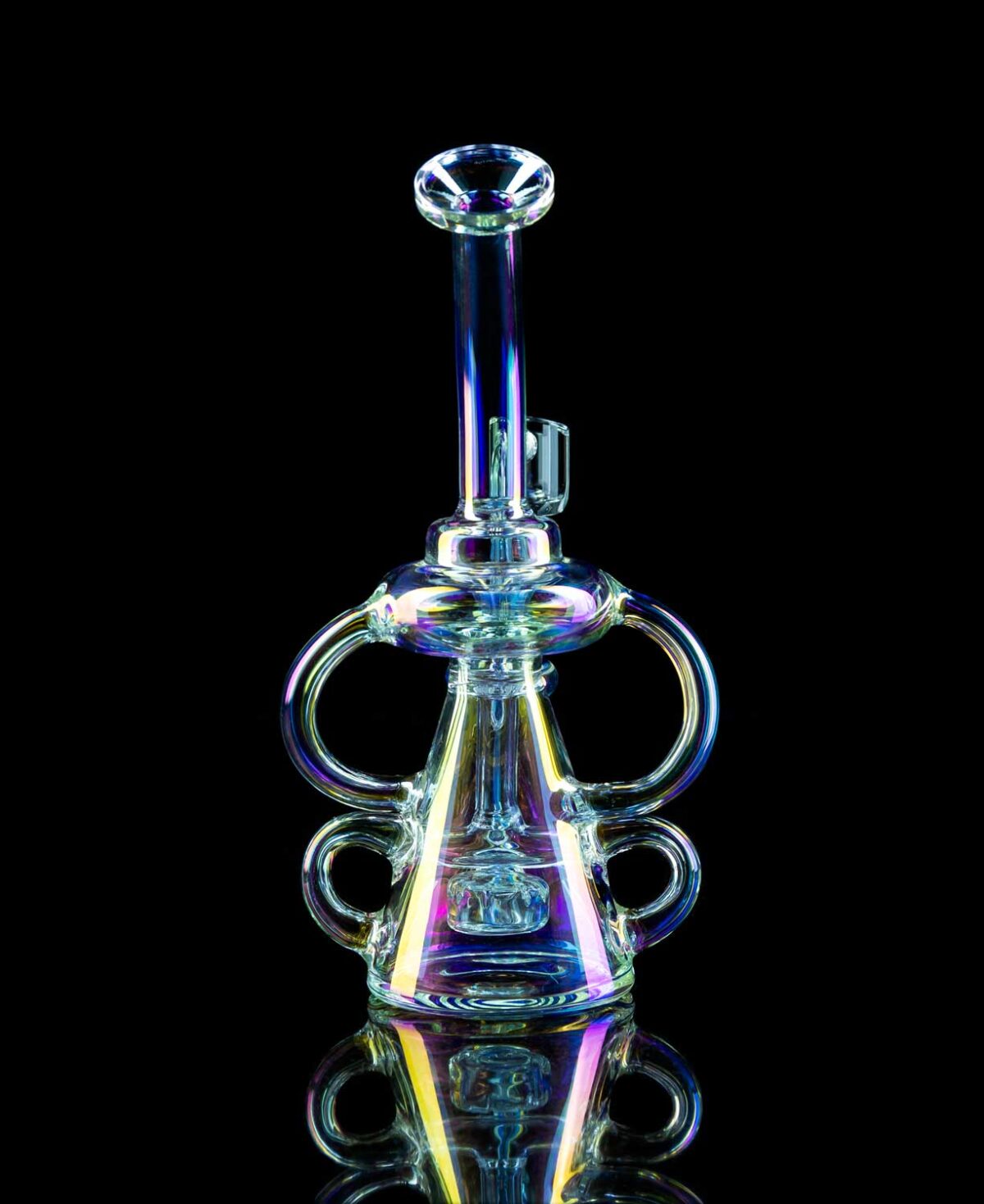 iridescent dab rig with recycler arms and showerhead percolator