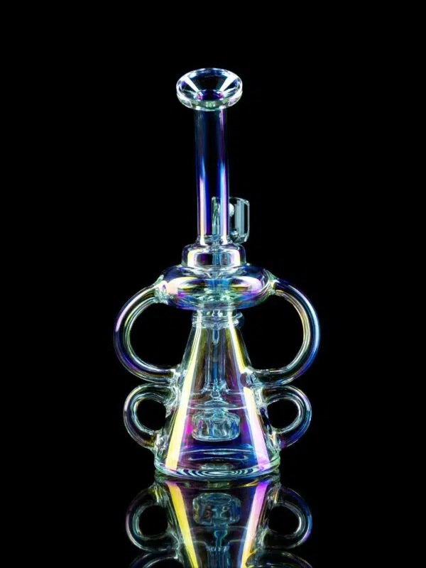 iridescent dab rig with recycler arms and showerhead percolator