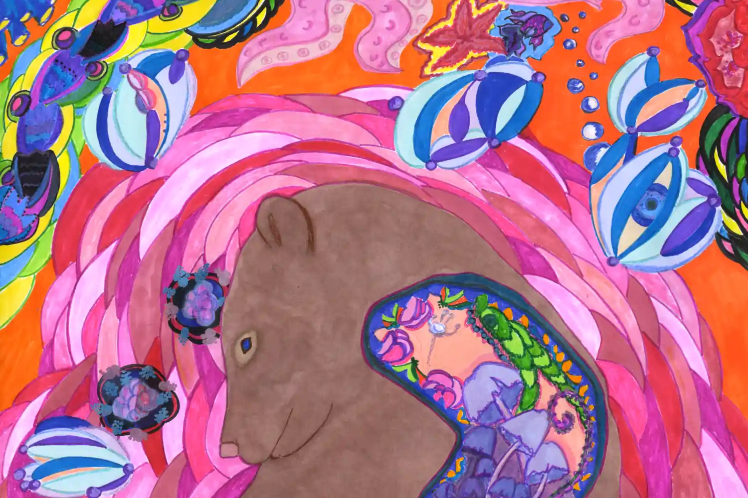 Psychedelic trippy drawing of a bear high on shrooms