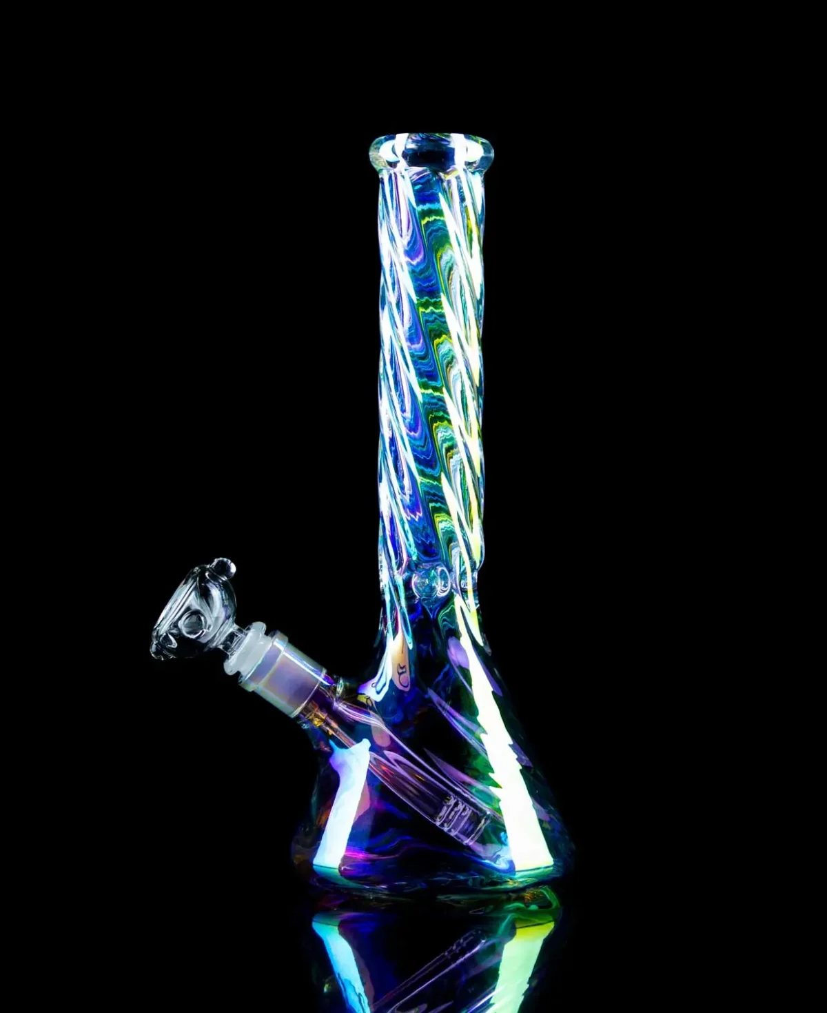 twisted bong with iridescent finish on black table