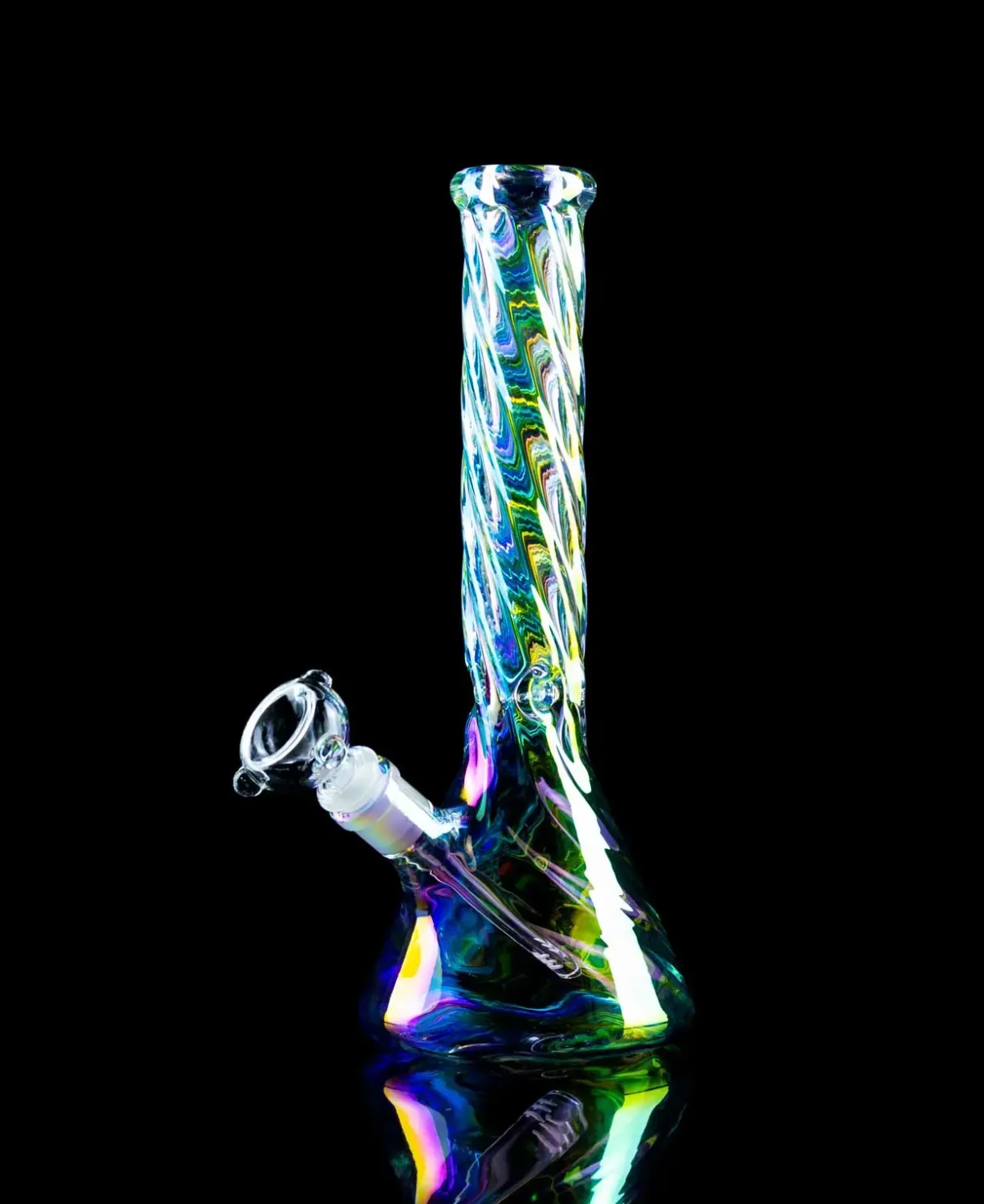 swirl bong with iridescent finish on black table