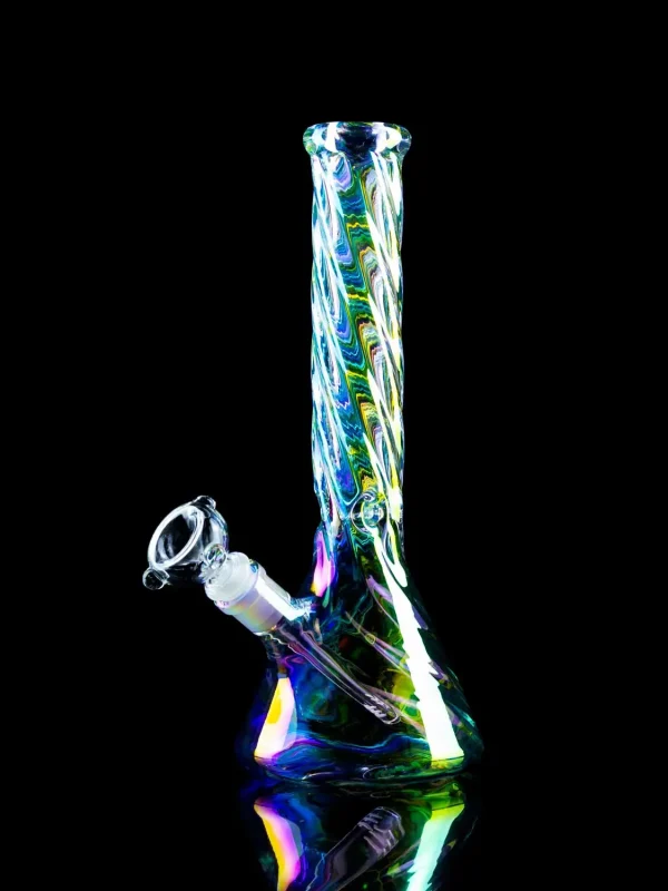 swirl bong with iridescent finish on black table