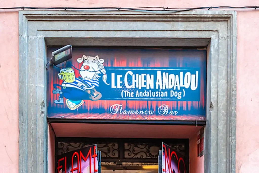 A sign on a bar for Buñuel and Dali's film "Le Chien Andalou" (An Andalusian Dog)