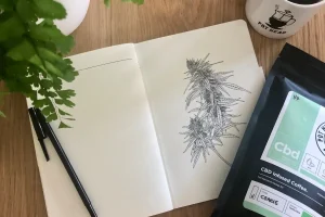 An image of a workspace with a pothead coffee mug, CBD infused coffee pack, and a journal with a weed leaf drawing