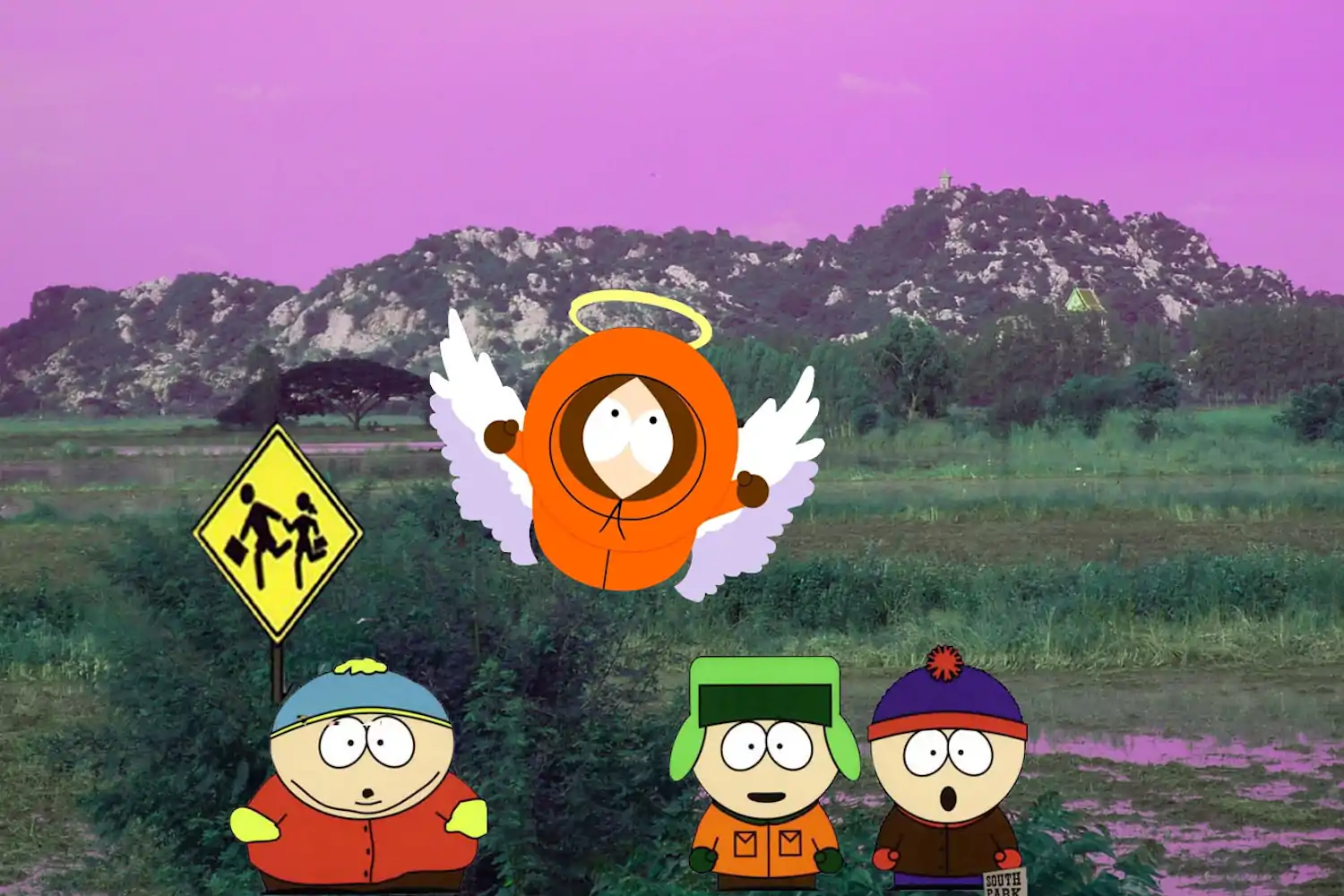 South Park's Cartman, Kyle, and Stan bid adieu to Kenny as he ascends to heaven