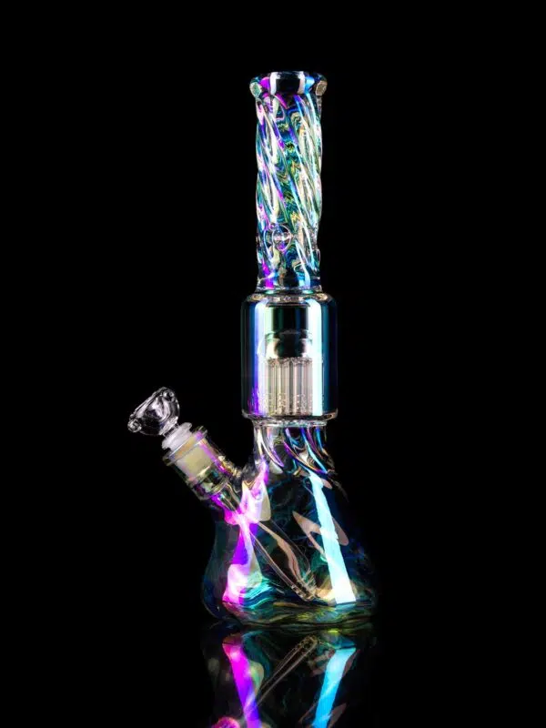 twisted iridescent bong with percolator on black table