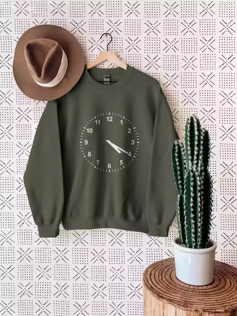 A green sweatshirt with a clock on it striking 4:20