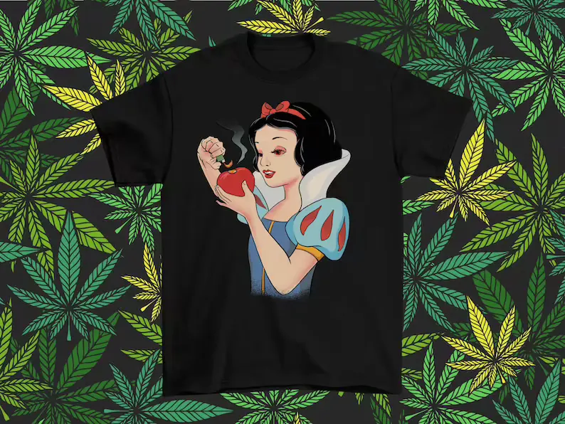 Black t-shirt with Snow White smoking from an apple bong