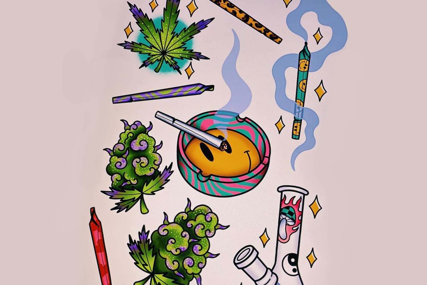 tattoos with joints nugs ashtray and bong