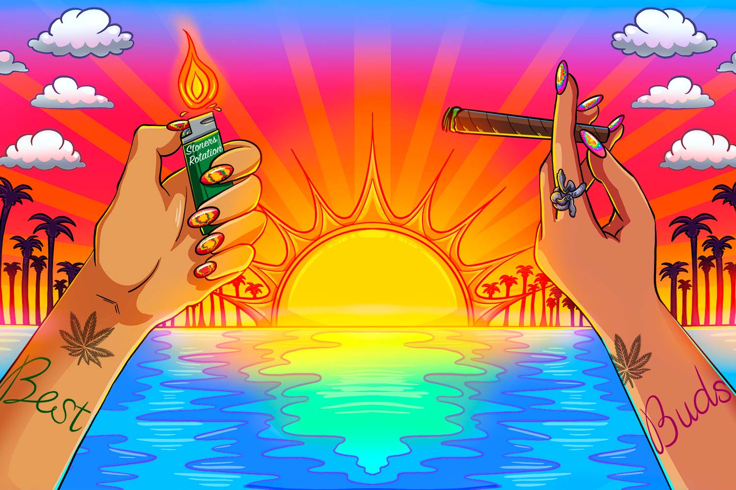 420 art of best friends lighting a blunt with matching stoner tattoos in front of sunset