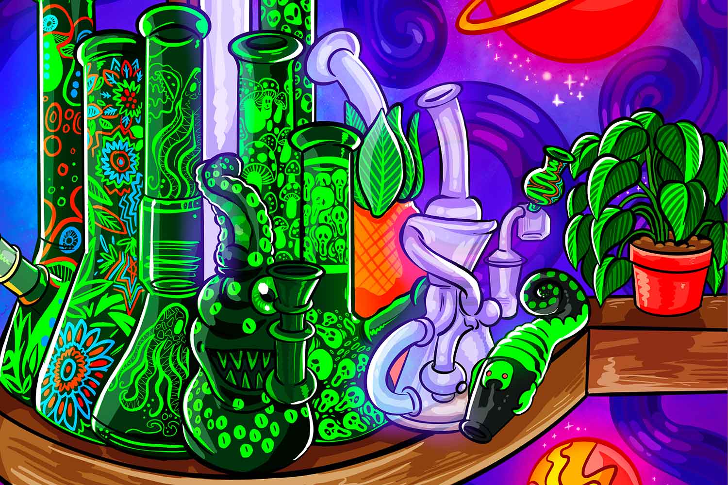 cartoon design of bongs and pipes on wooden table with galaxy