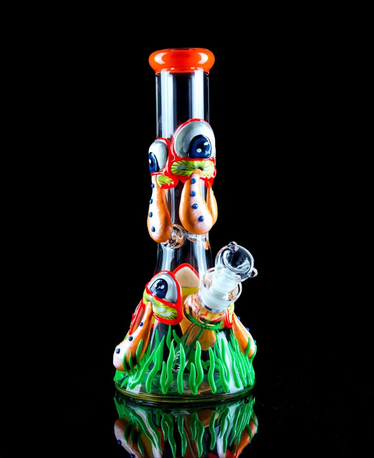 glow in the dark mushroom bong with trippy eyes shaped like mushroom caps and an ice catcher
