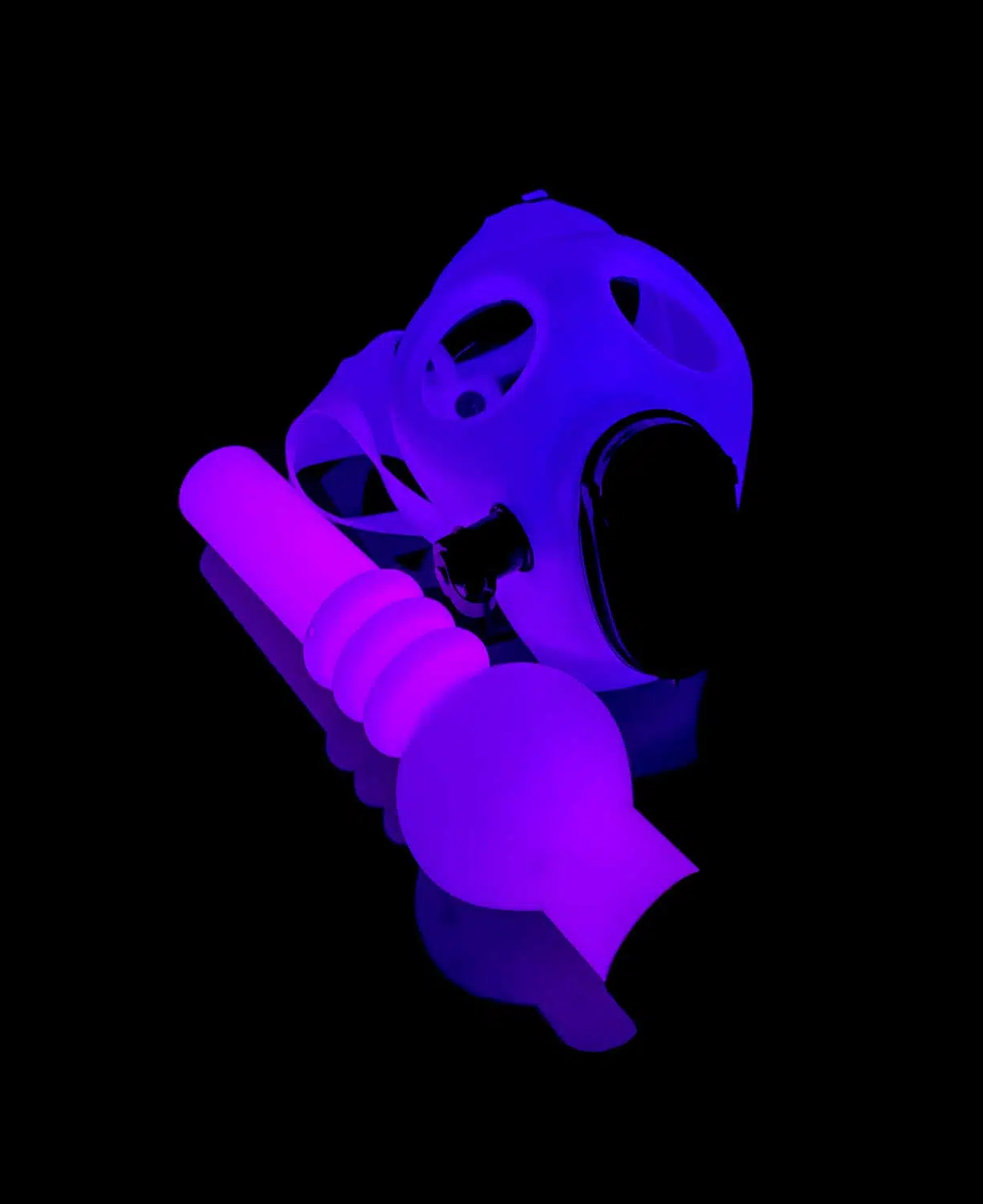 pink gas mask bong glowing in the dark