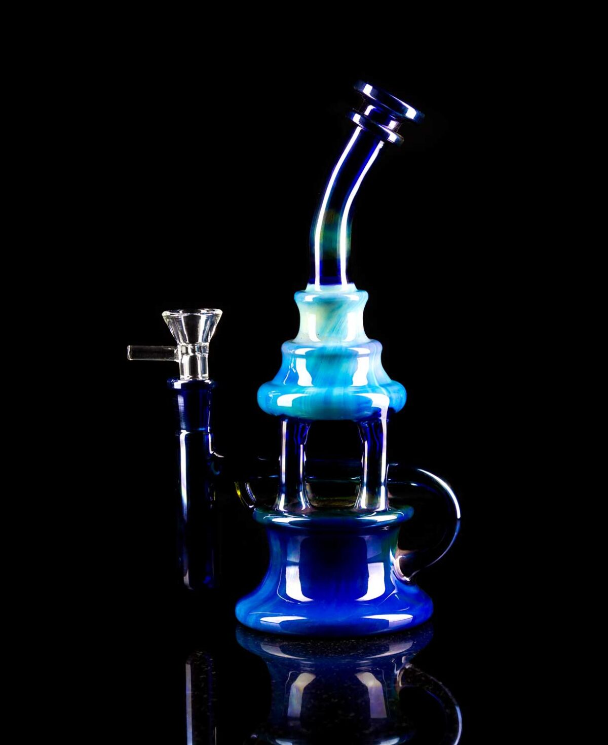 Blue glass bong with recycler arms and reclaim catcher
