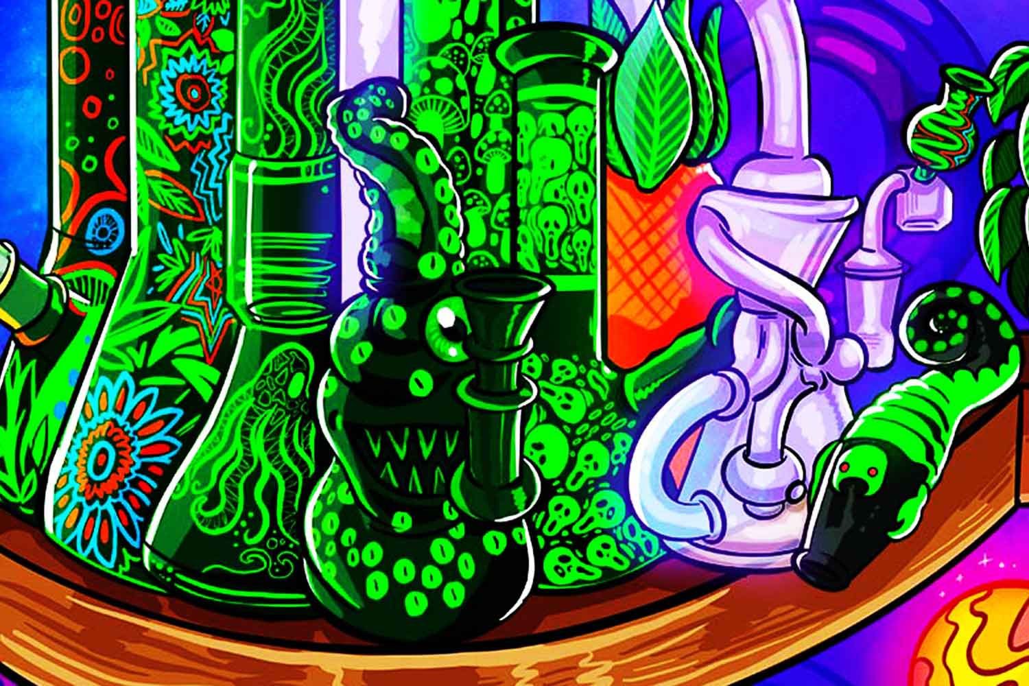 glow in the dark gifts for stoners design with glowing bongs rigs and pipes with galaxy behind