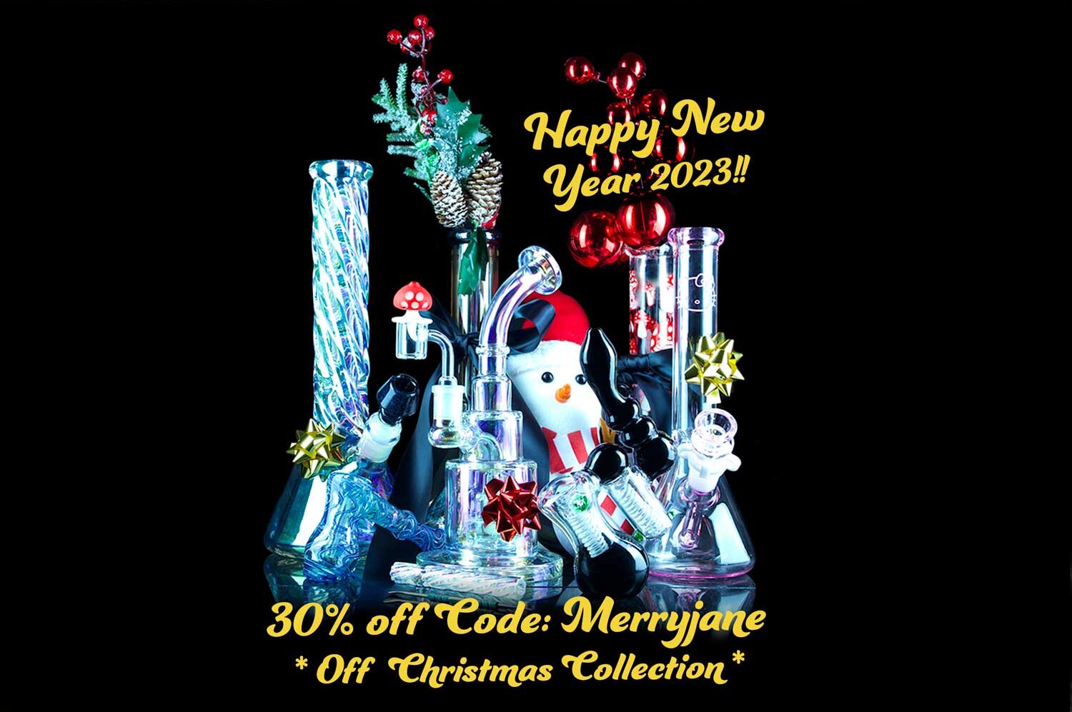 happy new year bong sale banner with collection of bongs and christmas decorations