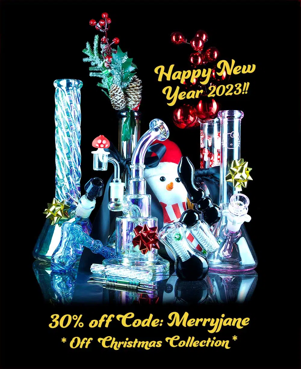 happy new year bong sale banner with collection of bongs and bows