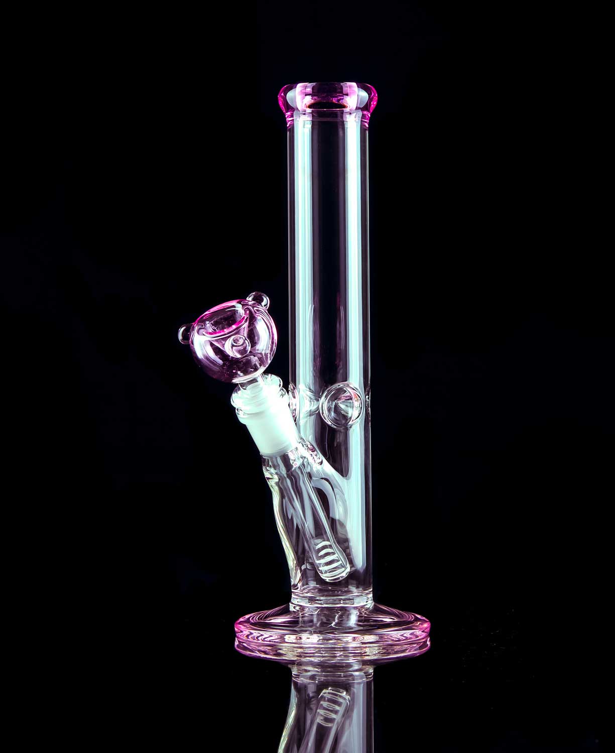 pink bong with straight tube shape and round pink bowl