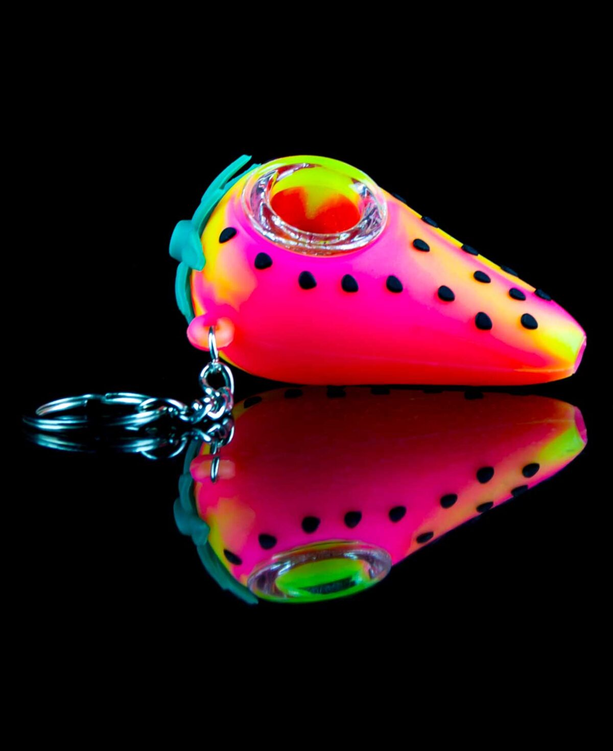 silicone pipe with glass bowl shaped like a strawberry in pink and yellow