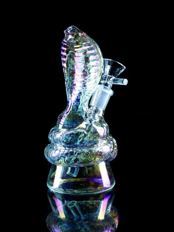 iridescent snake bong with red eyes and coil wrapping around bowl