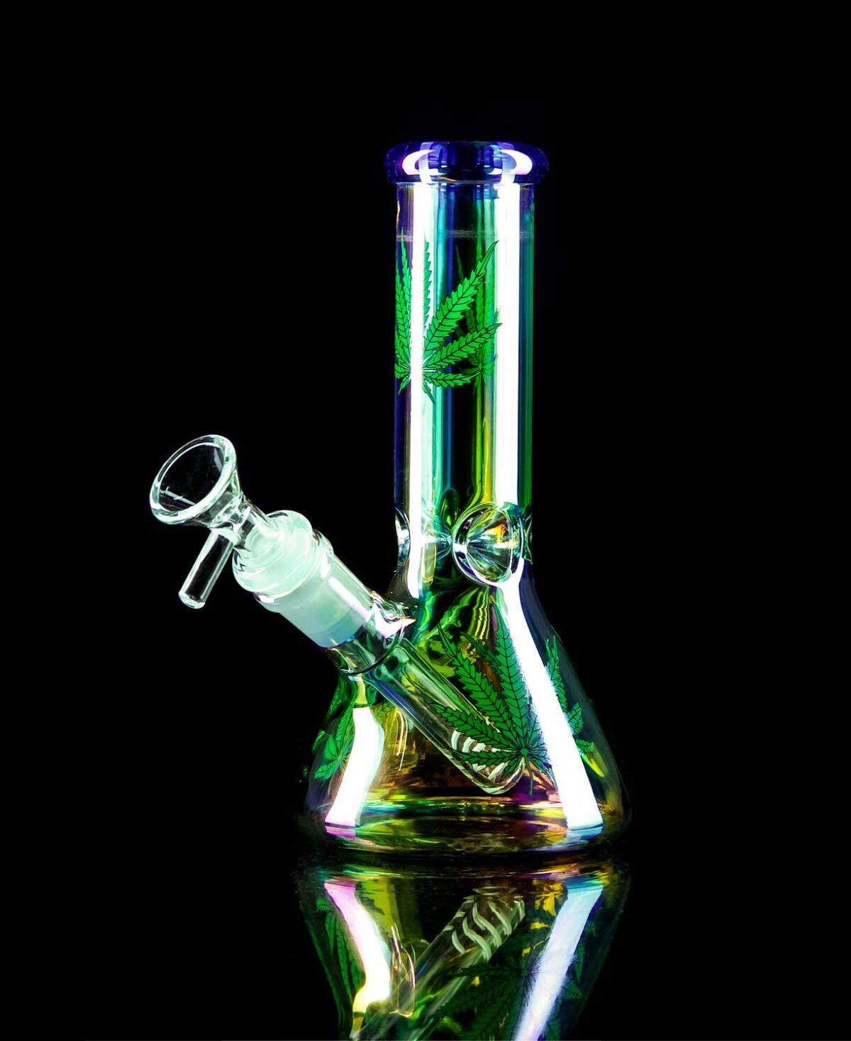 iridescent bong with weed leaf design