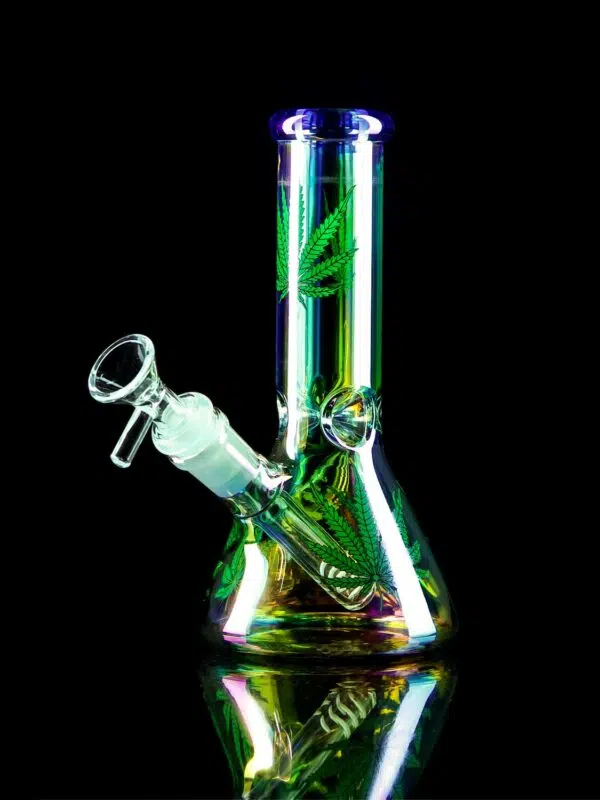 iridescent bong with weed leaf design