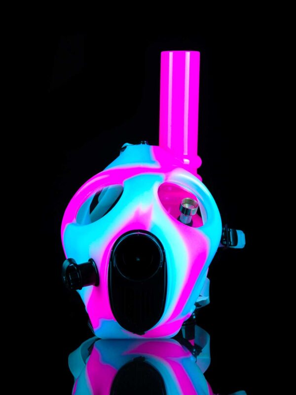 gas mask bong with blue and pink coloring