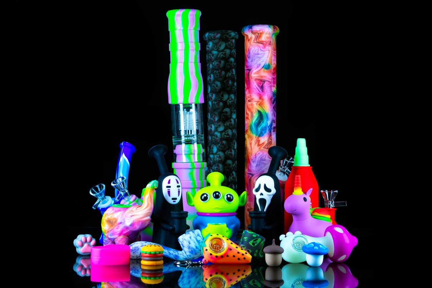 silicone bongs and rigs for sale on black table