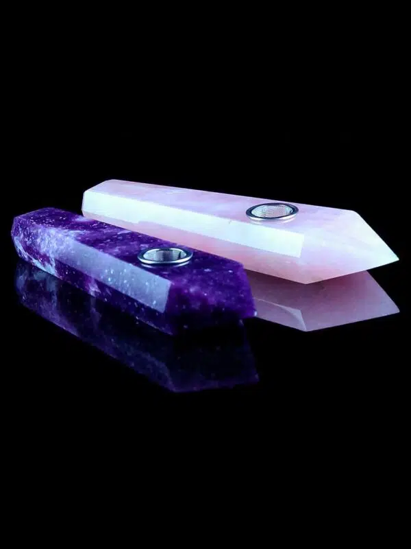 gemstone pipes in amethyst and rose quartz