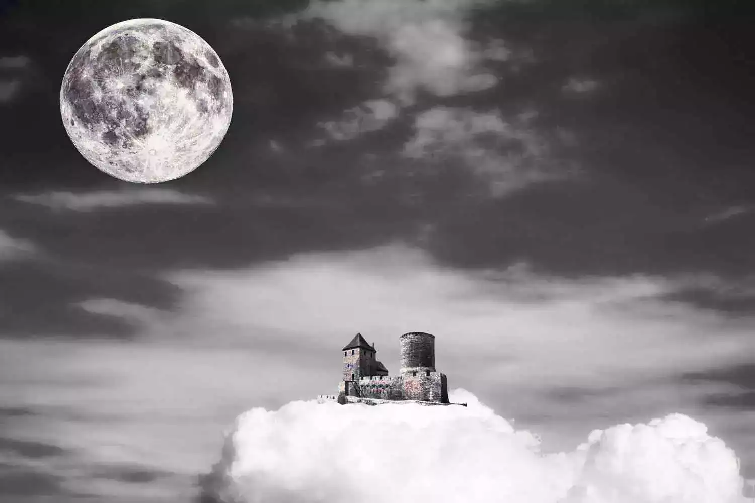 castle on cloud with moon and cloudy sky