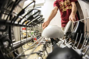 fisheye view of inside of dishwasher