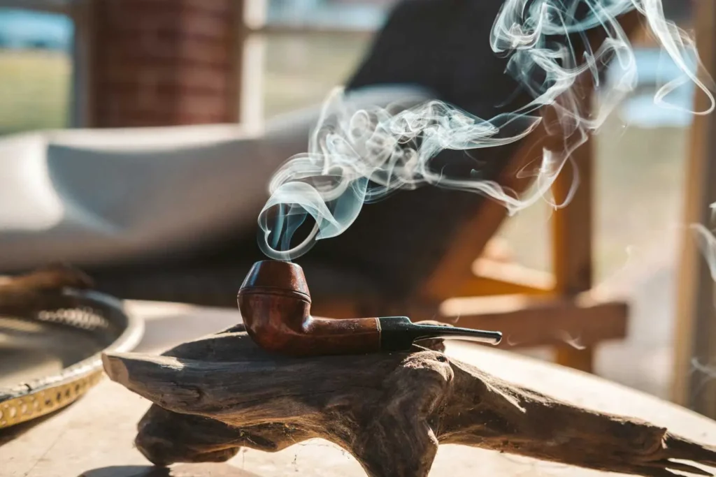 tobacco pipe on wooden table outside