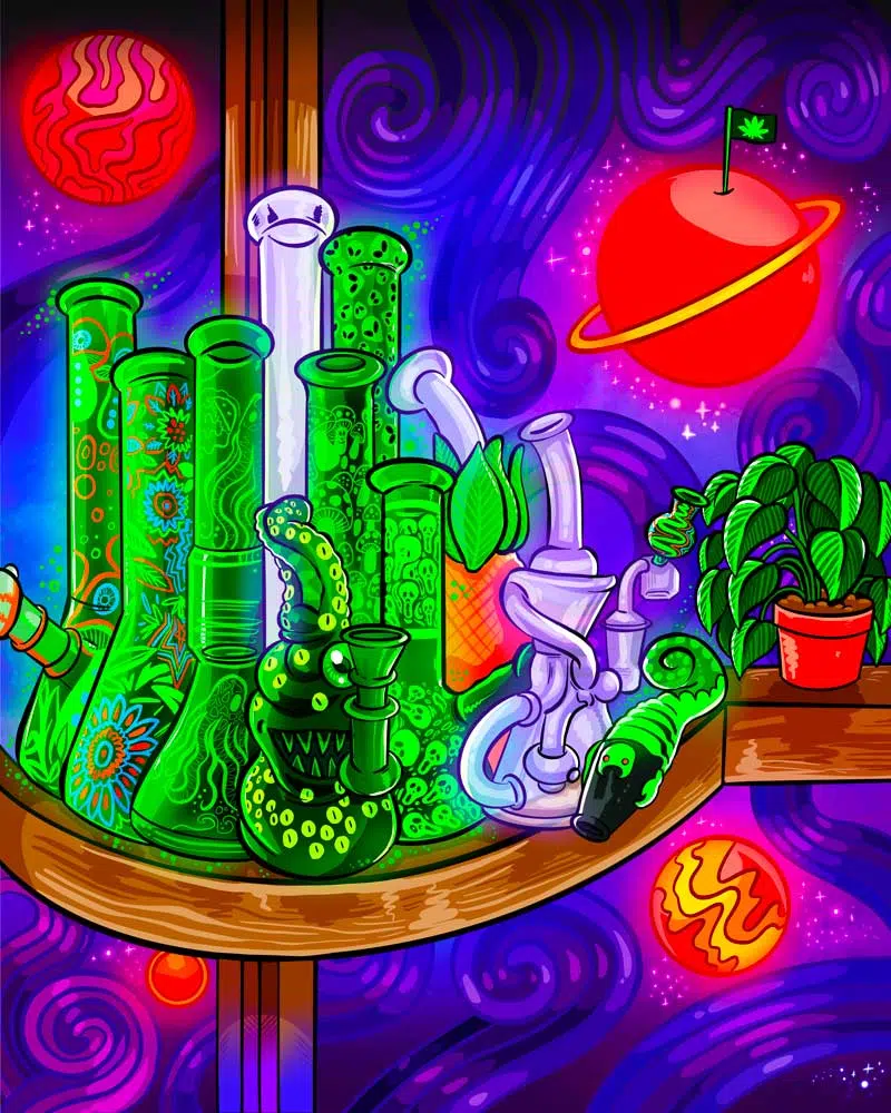 artistic glow in the dark mushroom bongs banner with glowing bongs on shelf with galaxy in background