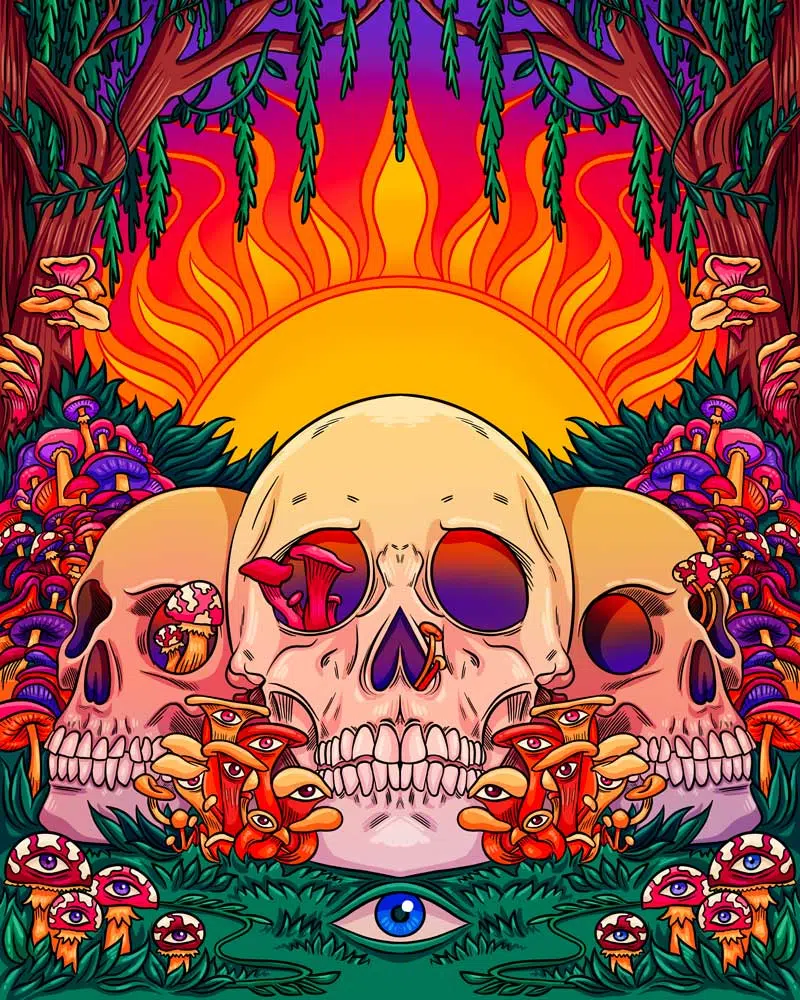 trippy instrumental playlist banner with artistic drawing of sunset with skulls mushrooms and trees