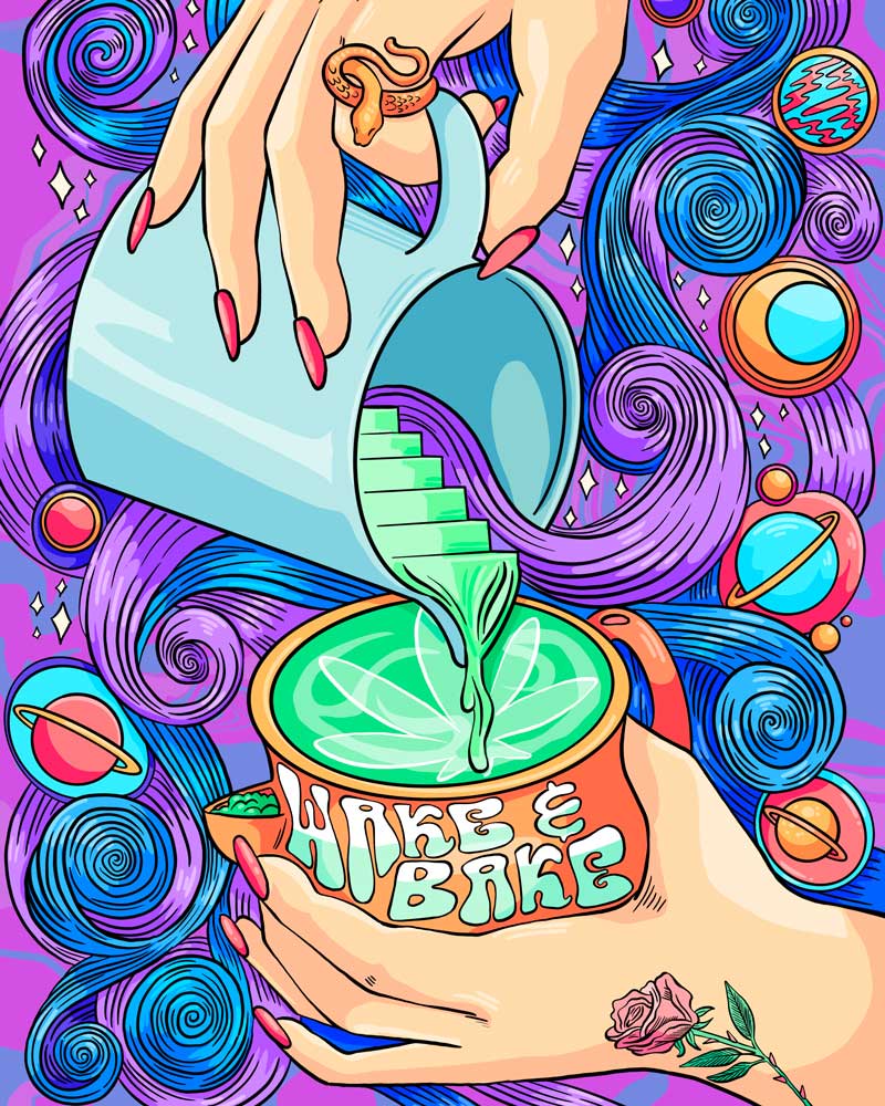 wake and bake playlist banner with two hands holding a wake and bake mug and artistic galaxy background