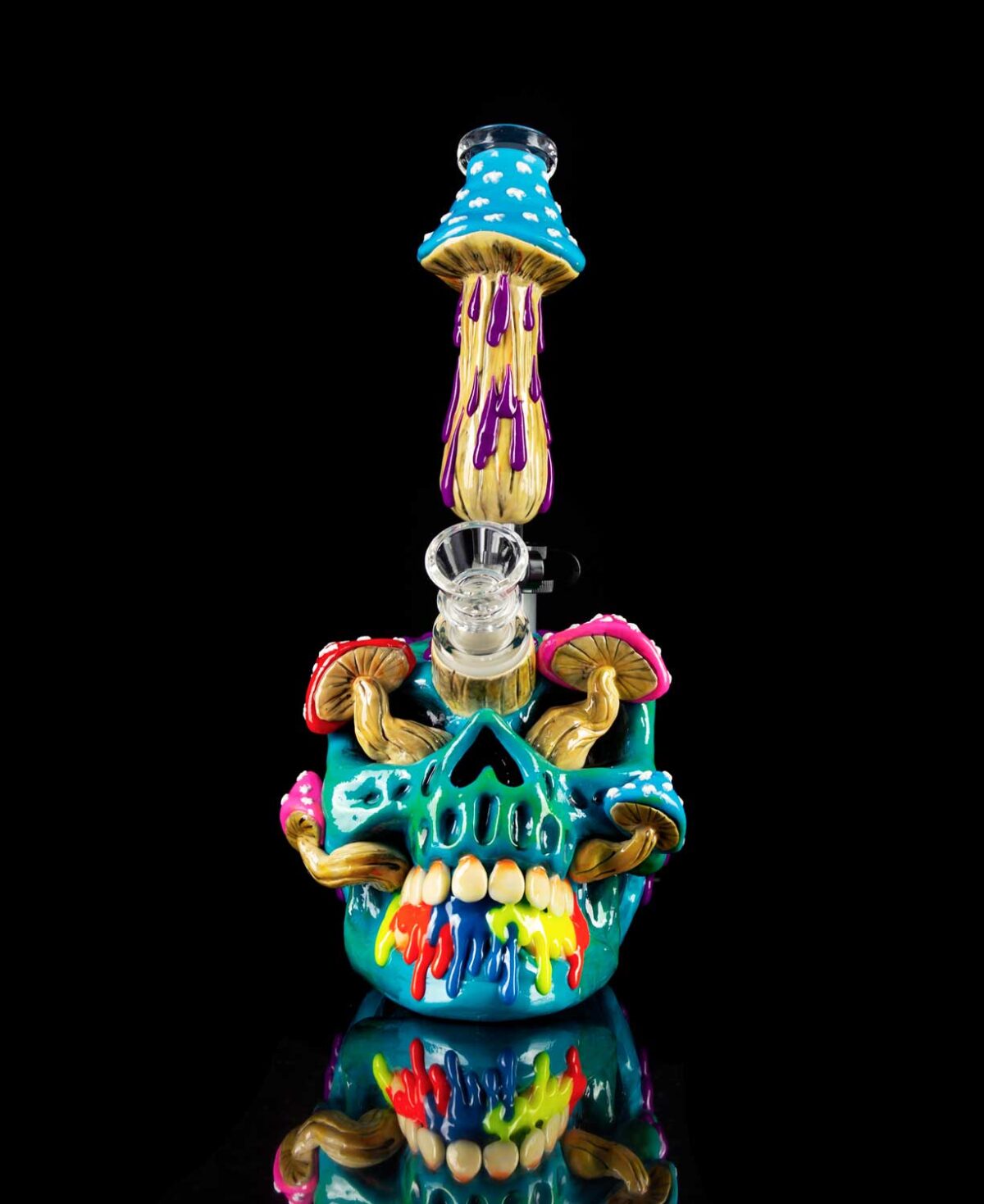 skull bong with trippy mushrooms emerging from eyes