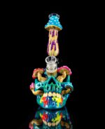 skull bong with trippy mushrooms emerging from eyes